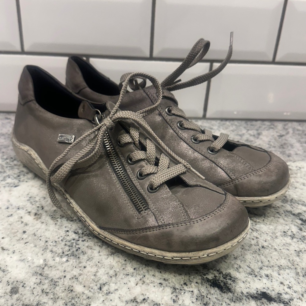 Remonte Women 39 Tex Leather Sneakers Metallic Brown Side Zip Water Resistant